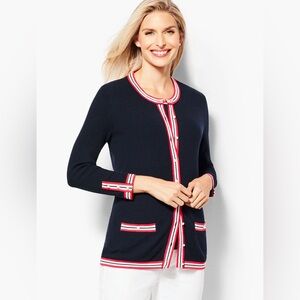 Talbots Navy Cardigan with Red and White Trim